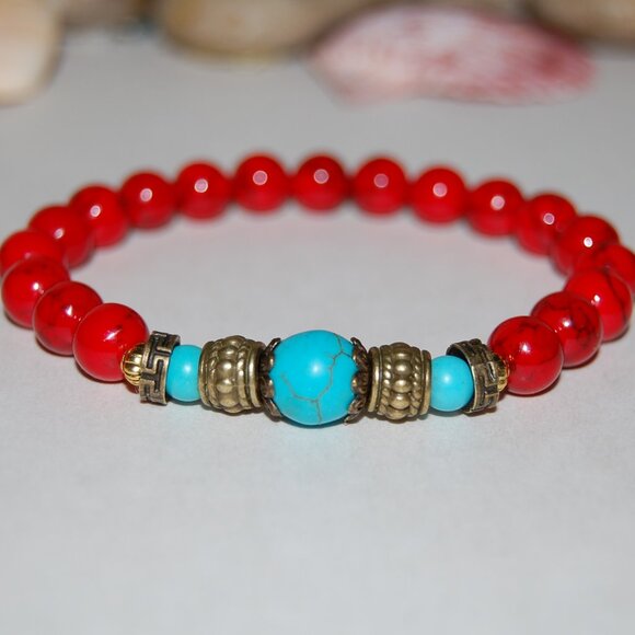 Red Howlite Bracelet,Turquoise and Howlite Beads,Red and Blue Bracelet - Picture 2 of 2